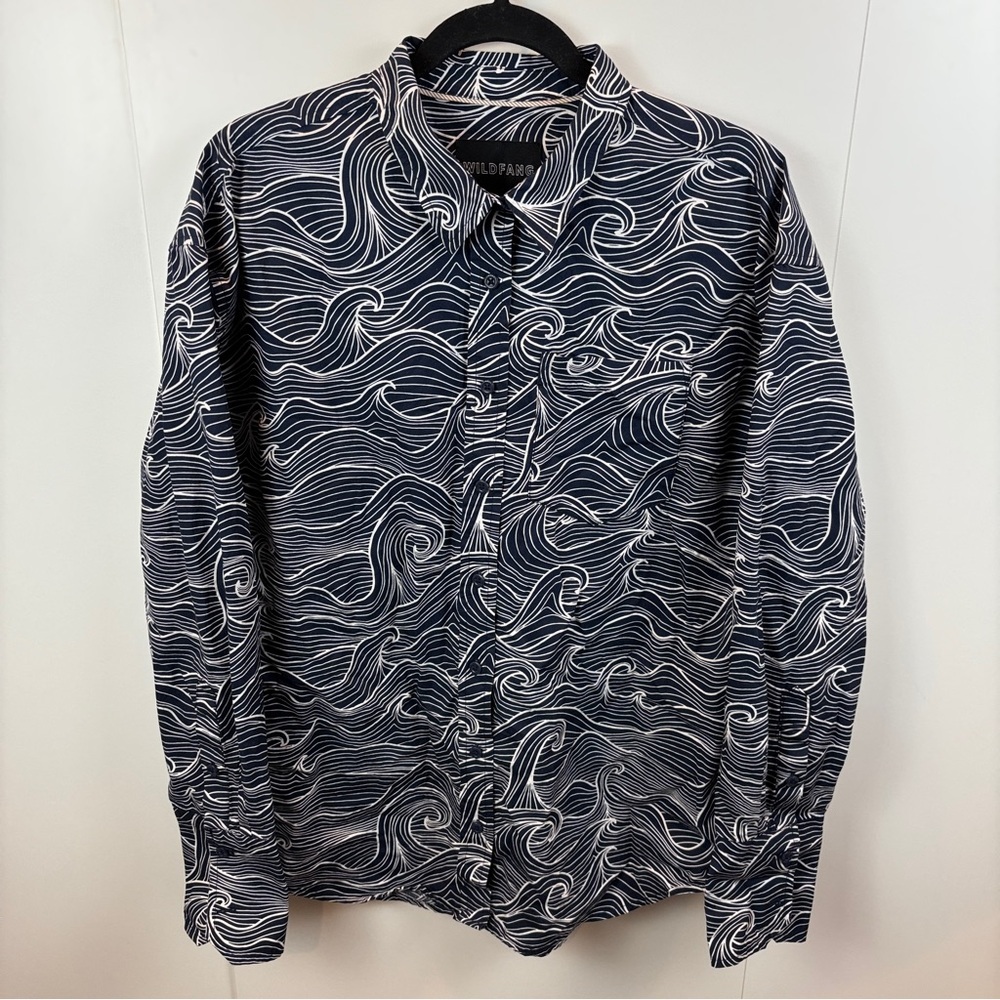 Wildfang The Essential Long Sleeve Oversized Wrap Button Up Navy Blue Waves sz S